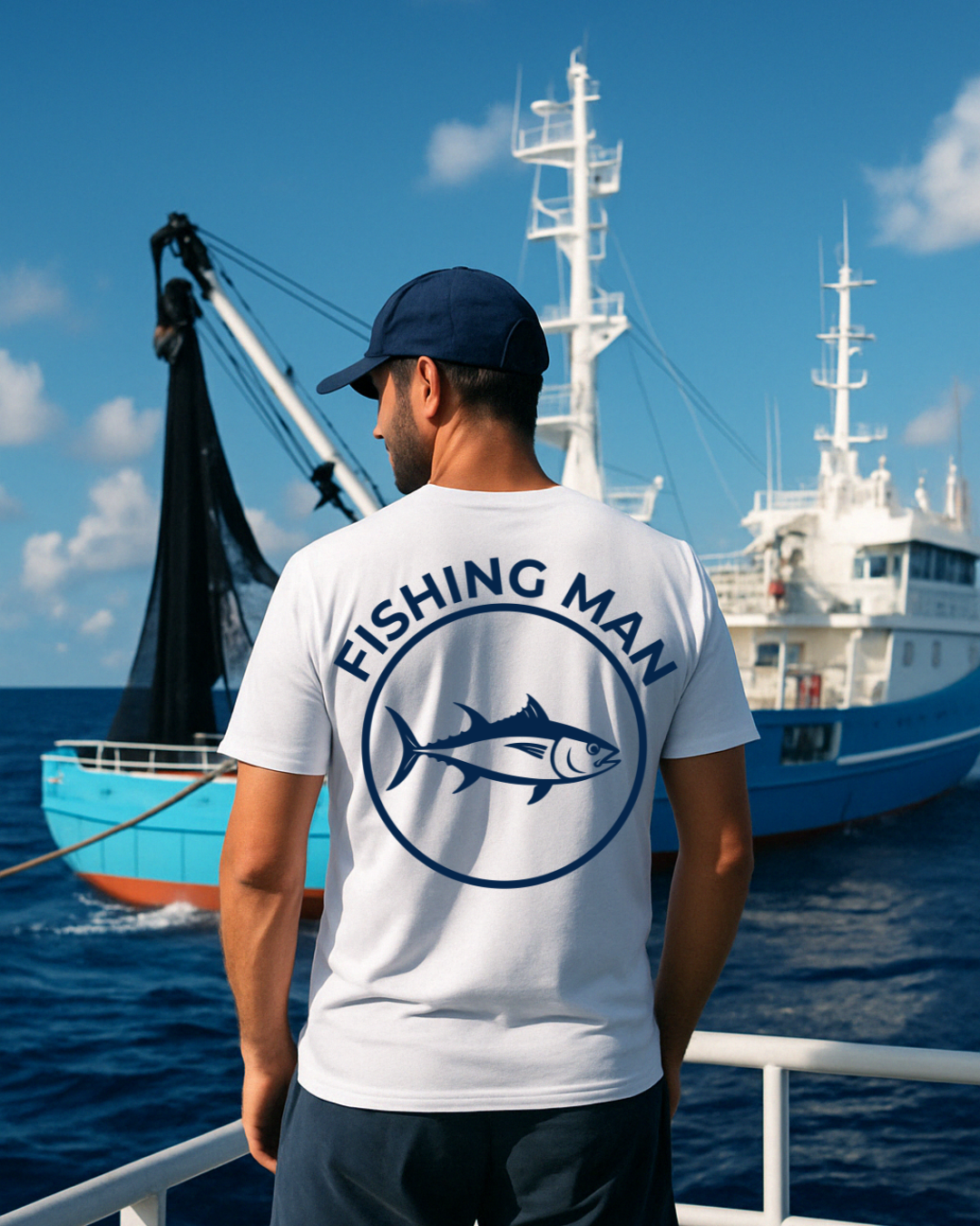 T-shirt pêcheur blanc – coton bio – logo thon Fishing Man