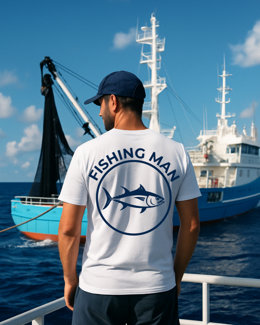 T-shirt pêcheur blanc – coton bio – logo thon Fishing Man